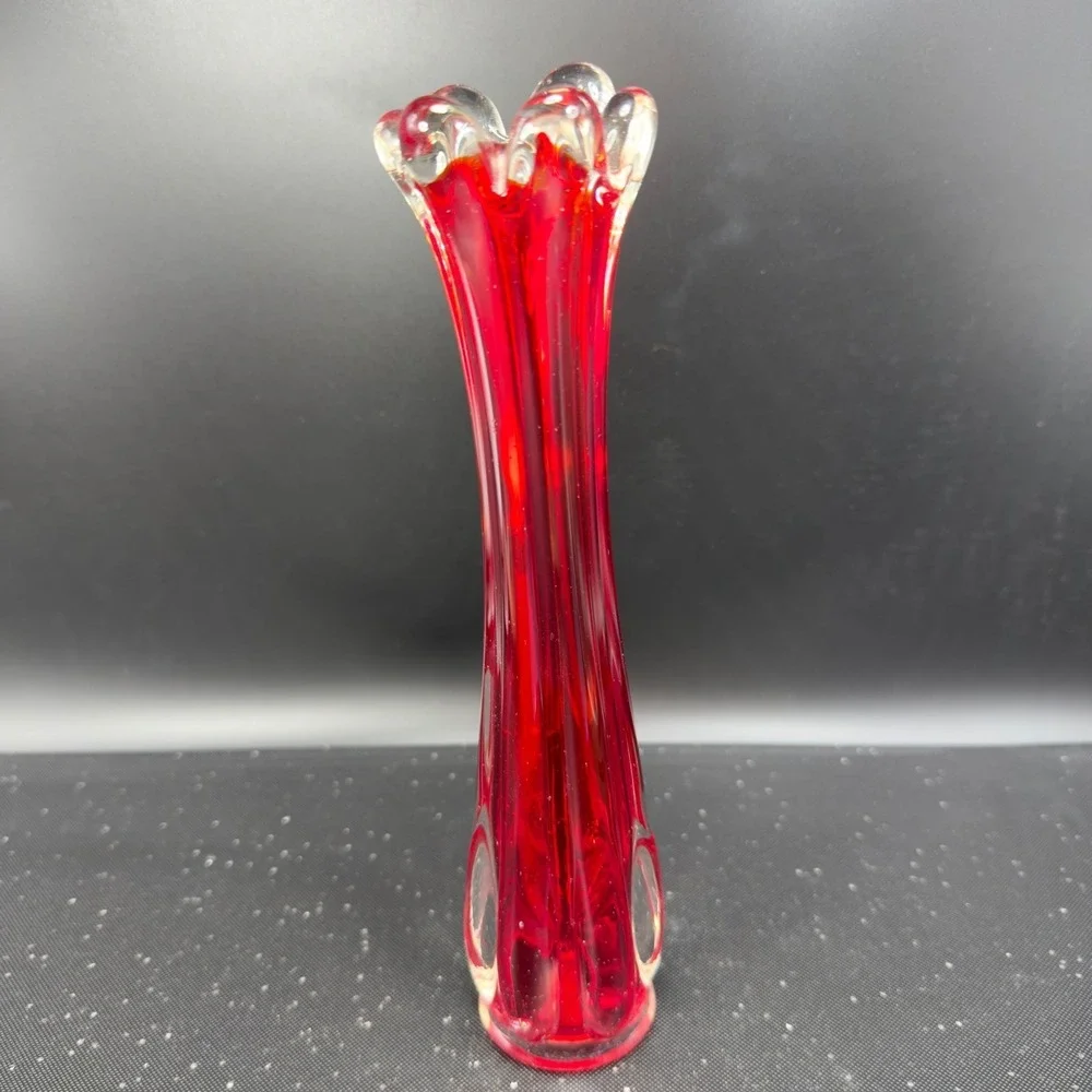 Vintage Ruby Red Swung Glass Bud Vase Ruffled Finger Rim Mid Century Modern‎ VTG